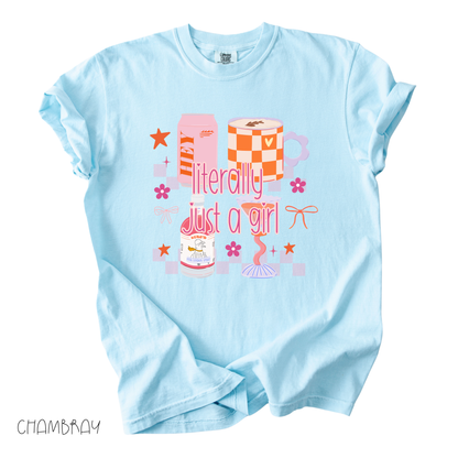 literally just a girl graphic tee with pastel gifts and bows on pink light blue shirt