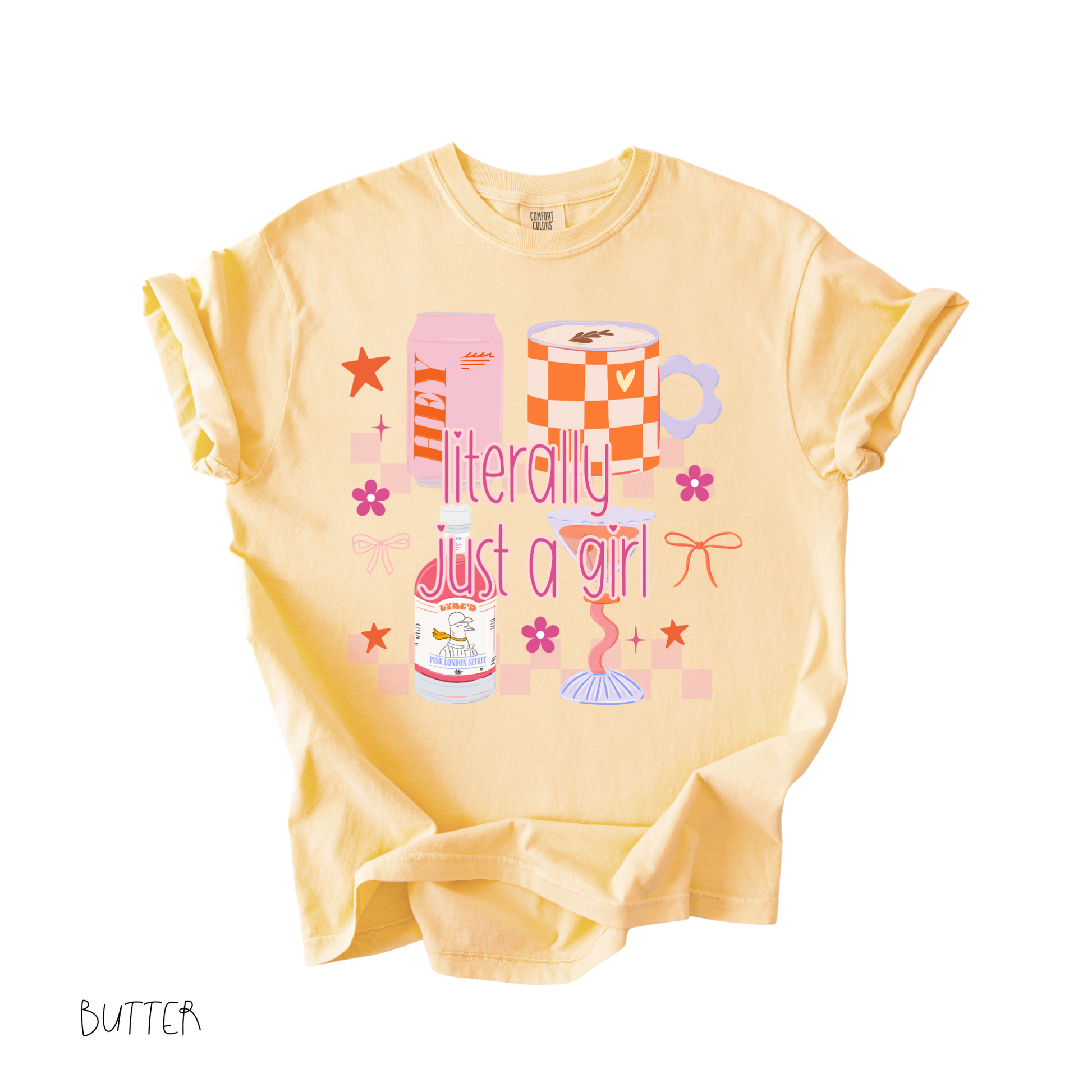 literally just a girl graphic tee with pastel gifts and bows on pastel yellow shirt