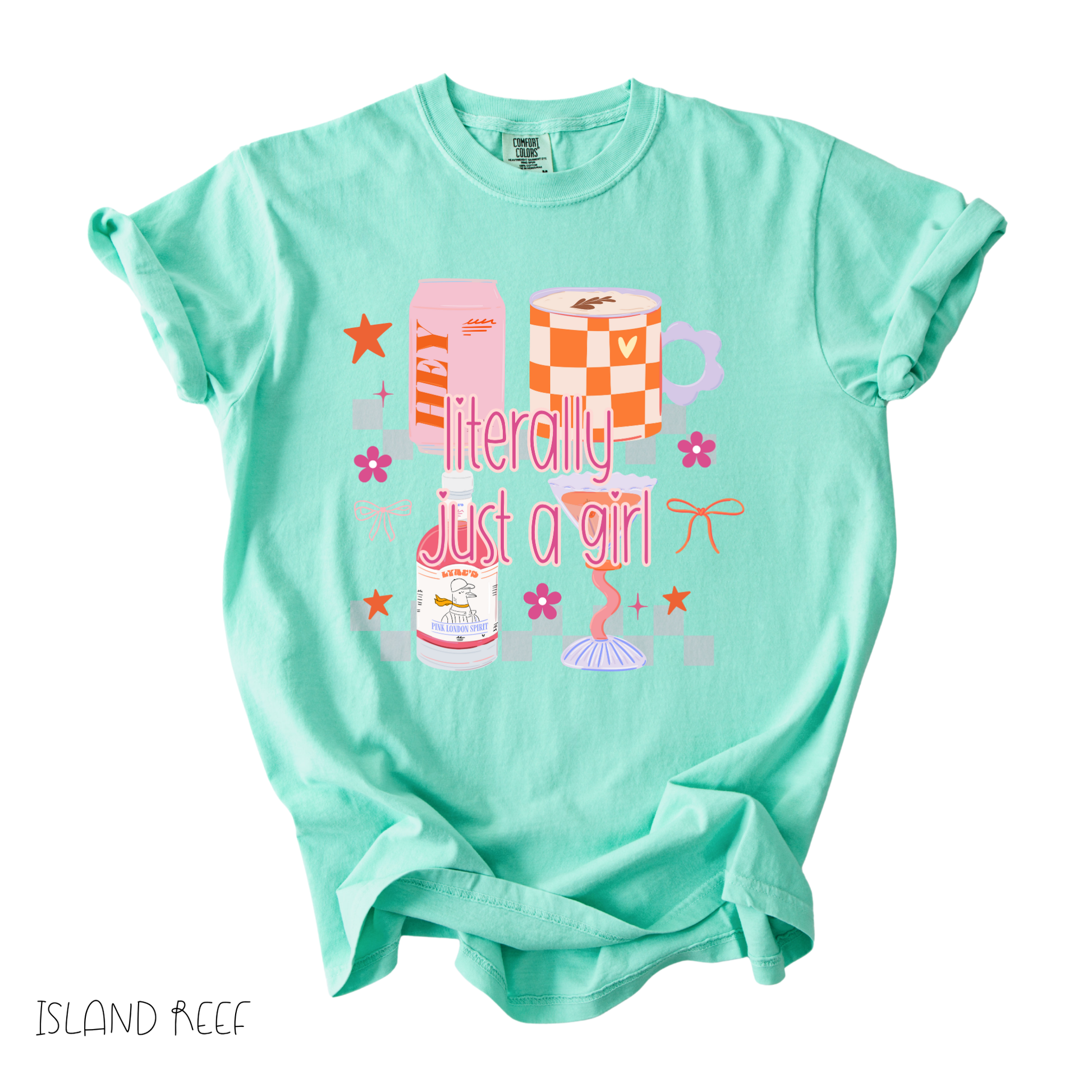 literally just a girl graphic tee with pastel gifts and bows on mint green shirt