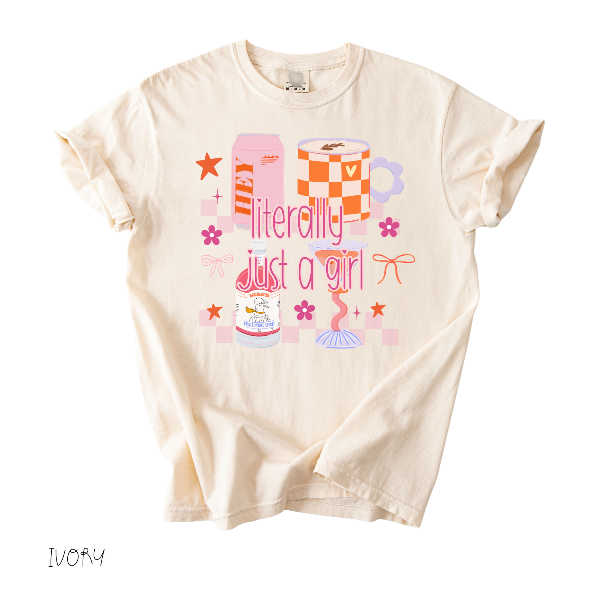 literally just a girl graphic tee with pastel gifts and bows on ivory shirt