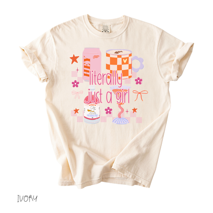 literally just a girl graphic tee with pastel gifts and bows on ivory shirt