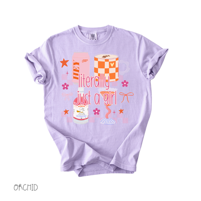 literally just a girl graphic tee with pastel gifts and bows on purple shirt