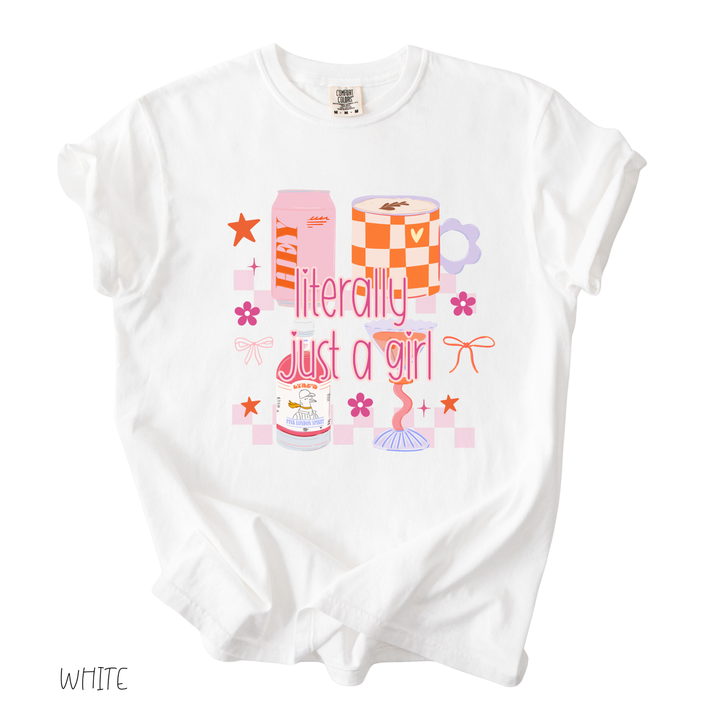 literally just a girl graphic tee with pastel gifts and bows on white shirt