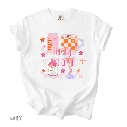 literally just a girl graphic tee with pastel gifts and bows on white shirt