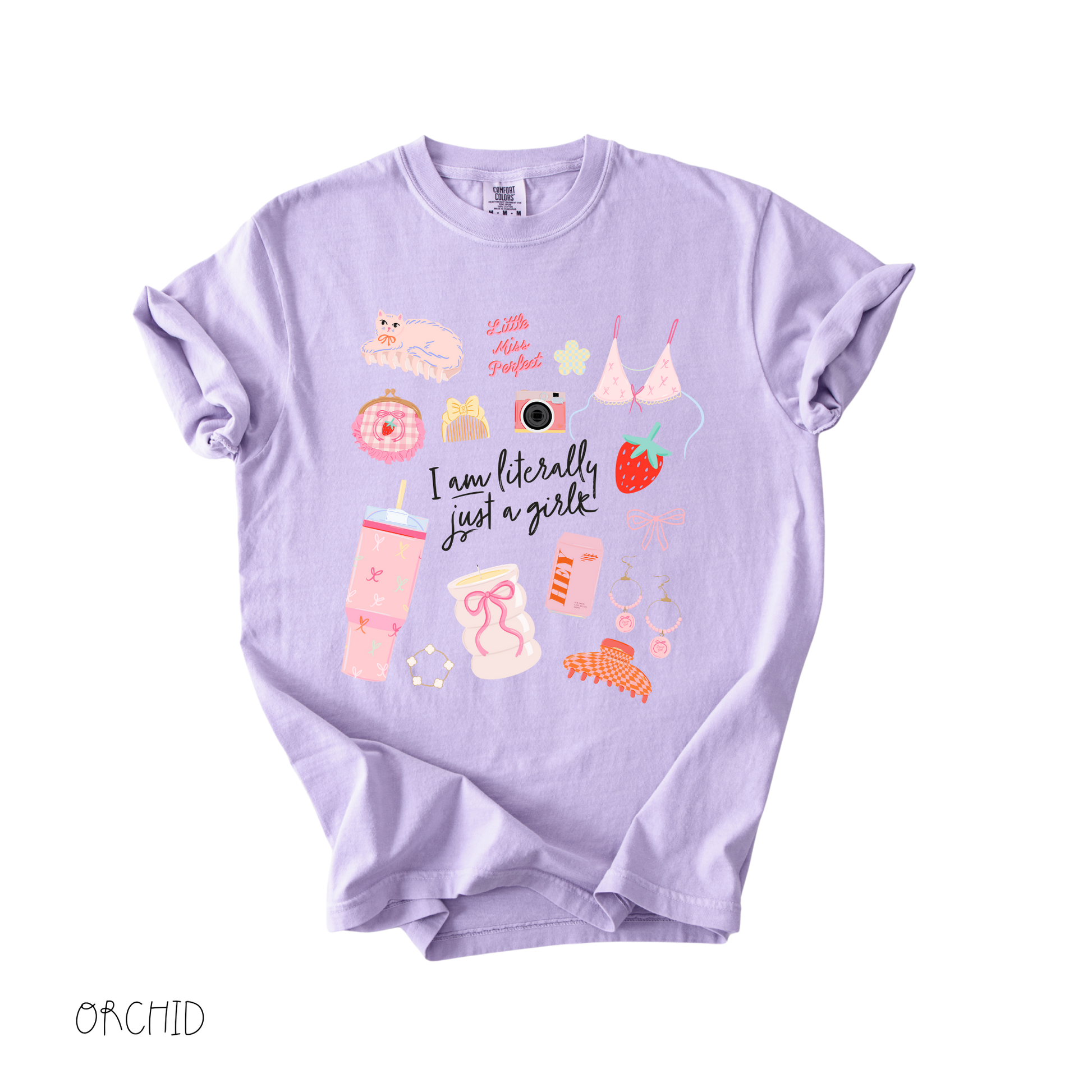 Literally Just a Girl graphic t-shirt in lavender with soft pastel girly graphics