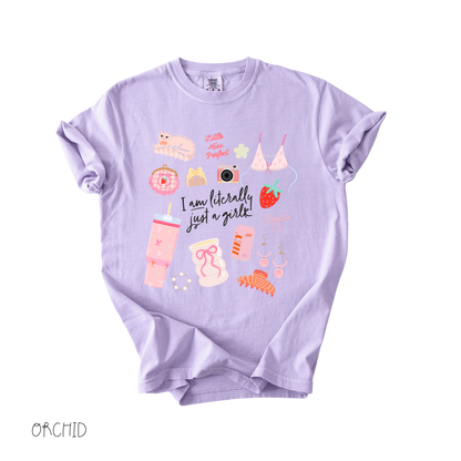 Literally Just a Girl graphic t-shirt in lavender with soft pastel girly graphics