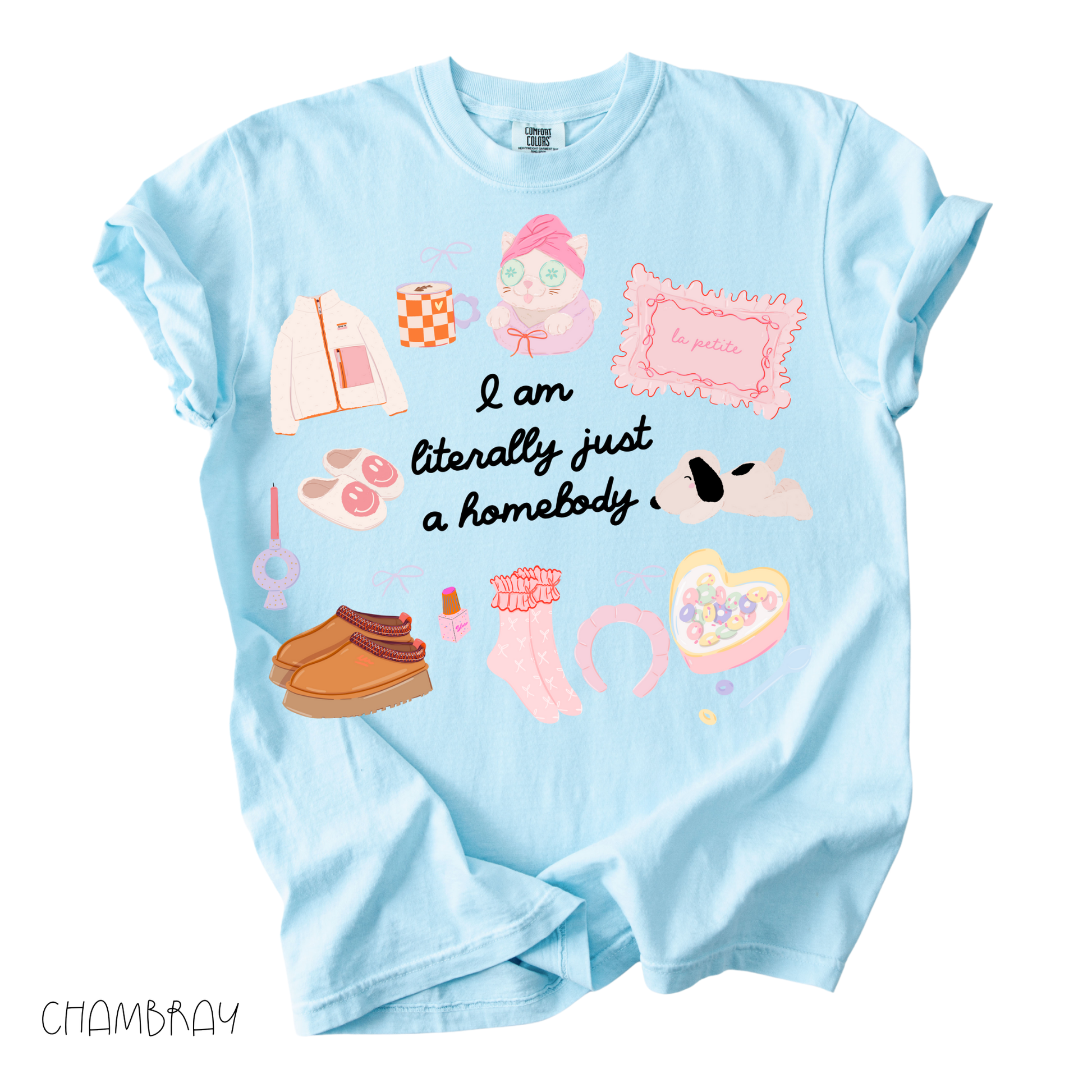 light blue Literally Just a Homebody graphic tee with cozy doodles on a relaxed fit women’s t-shirt