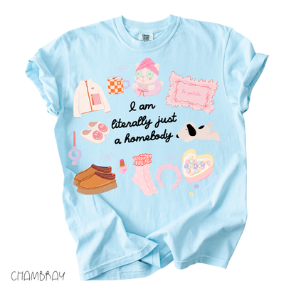 light blue Literally Just a Homebody graphic tee with cozy doodles on a relaxed fit women’s t-shirt