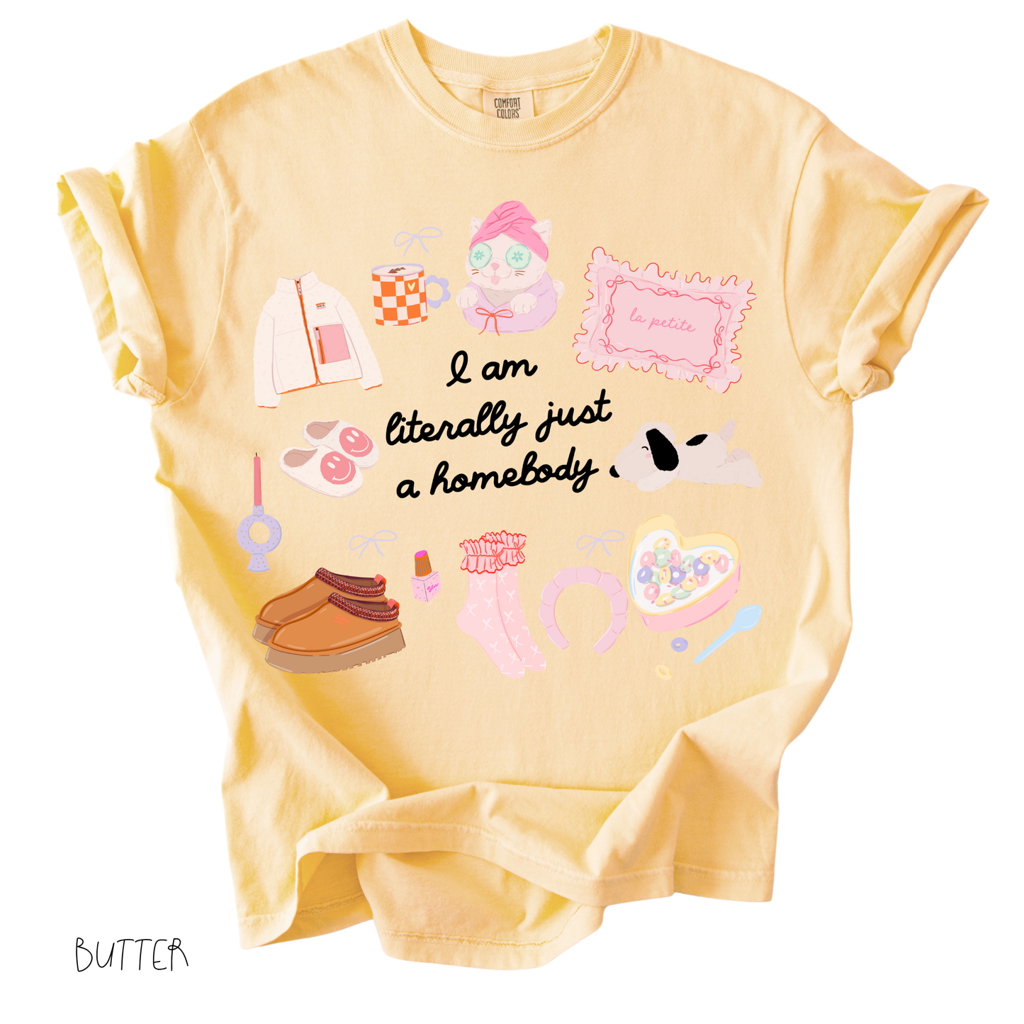 Yellow Literally Just a Homebody graphic tee with cozy doodles on a relaxed fit women’s t-shirt