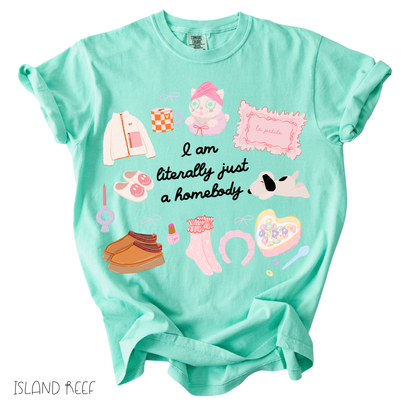 Literally Just a Homebody graphic tee with cozy doodles on a relaxed fit women’s mint green t-shirt