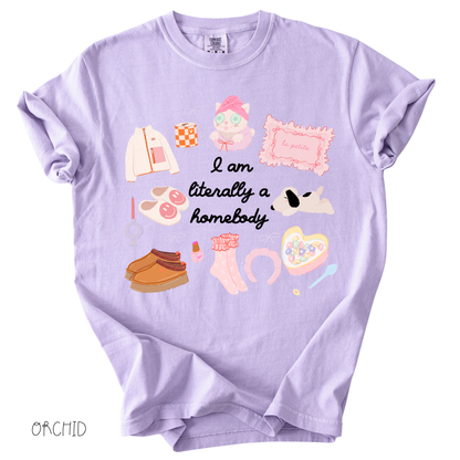 purple Literally Just a Homebody graphic tee with cozy doodles on a relaxed fit women’s t-shirt