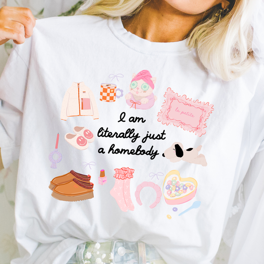 Literally Just a Homebody graphic tee with cozy doodles on a relaxed fit women’s t-shirt