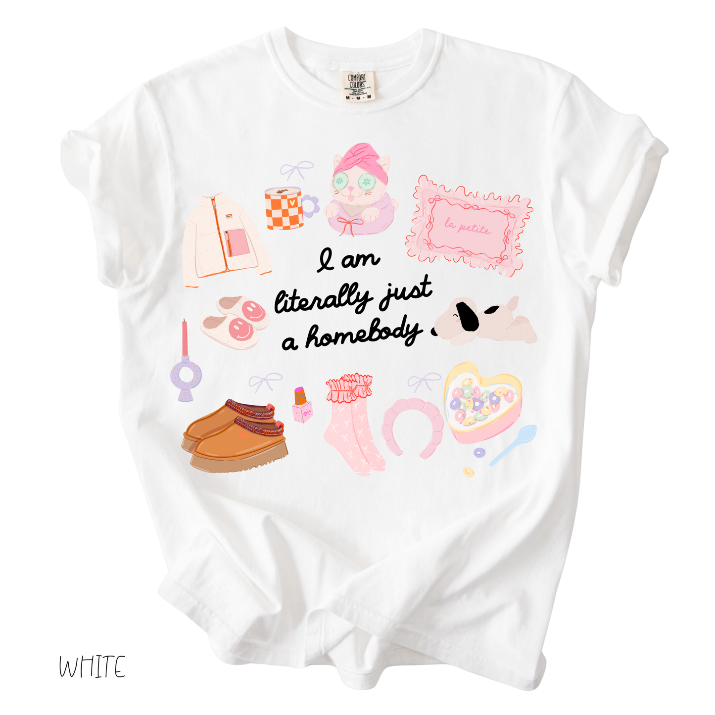 Literally Just a Homebody graphic tee with cozy doodles on a relaxed fit women’s white t-shirt