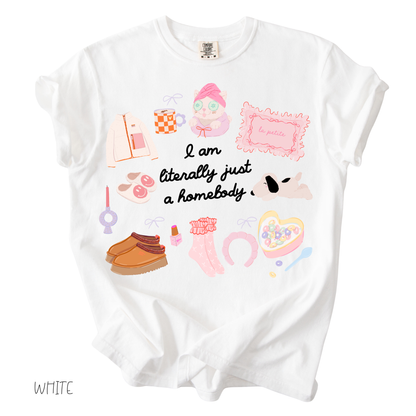 Literally Just a Homebody graphic tee with cozy doodles on a relaxed fit women’s white t-shirt