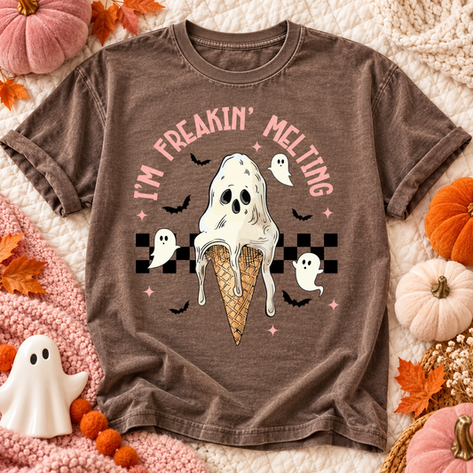 Espresso I'm Freakin' Melting T-shirt with melting ghost ice cream cone and small white ghosts