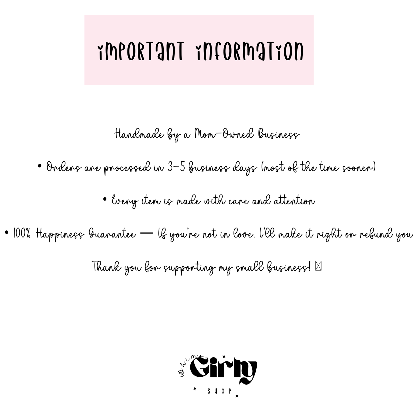 Important information text for a small business with a pink header and black text on a white background.