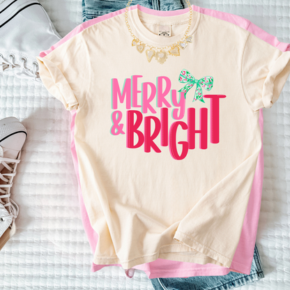 Merry & Bright Cozy Christmas T-Shirt  – Preppy Cute Holiday Graphic Shirt