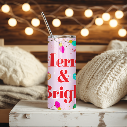 Merry & Bright Tumbler | Cheerful Pastel Holiday Aesthetic Cup | Stainless Steel Tumbler