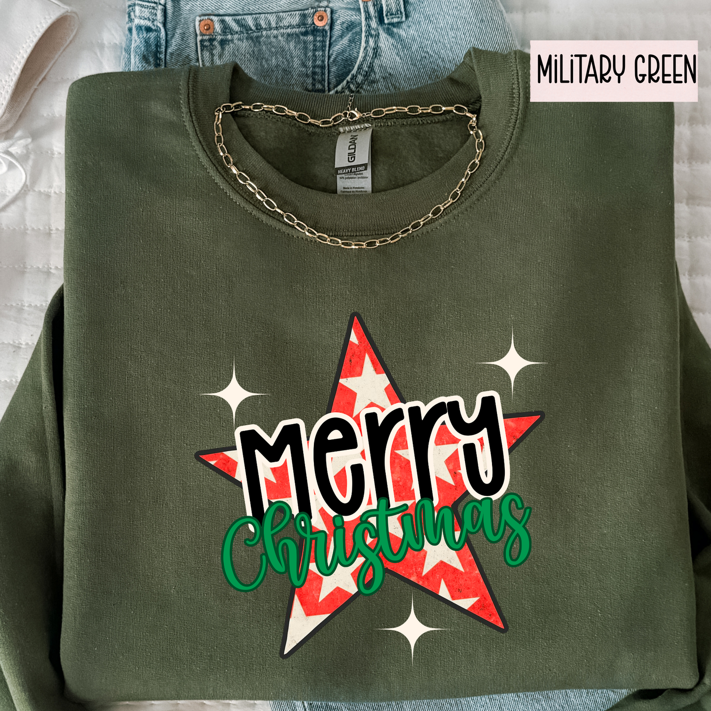 Merry Christmas Star Sweatshirt | Retro Christmas Graphic Crewneck | Cute Holiday Sweatshirt for Women