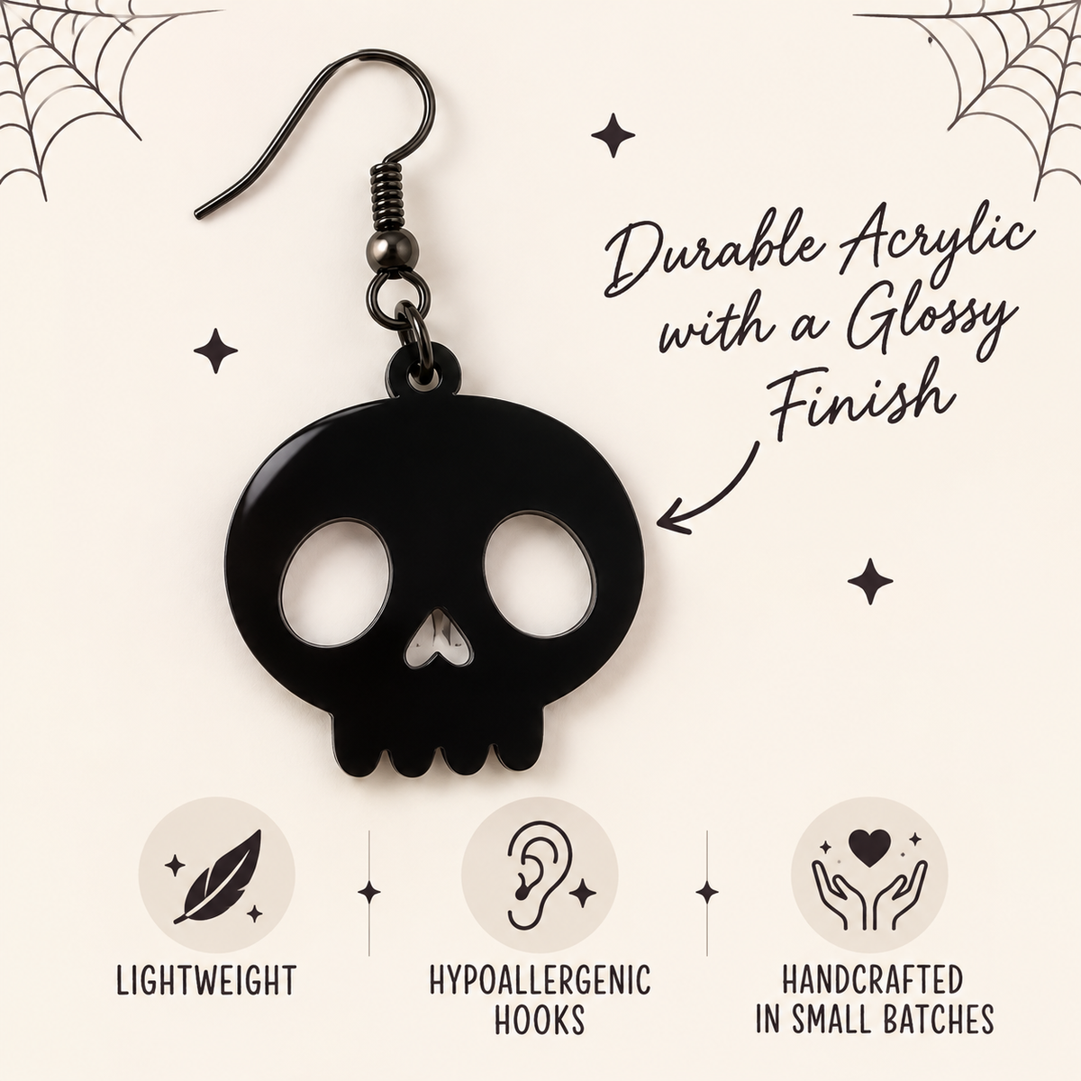 Mini Black Skull Earrings | Glossy Halloween Acrylic Earrings