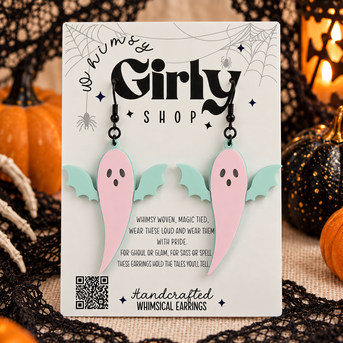 Dusty Rose Ghost Bat Earrings | Pastel Halloween Acrylic Earrings