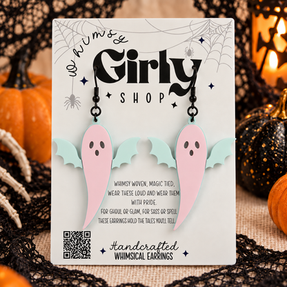 Dusty Rose Ghost Bat Earrings | Pastel Halloween Acrylic Earrings