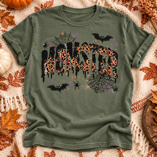Moss Momster T-shirt with animal-print lettering, bats and spiderwebs
