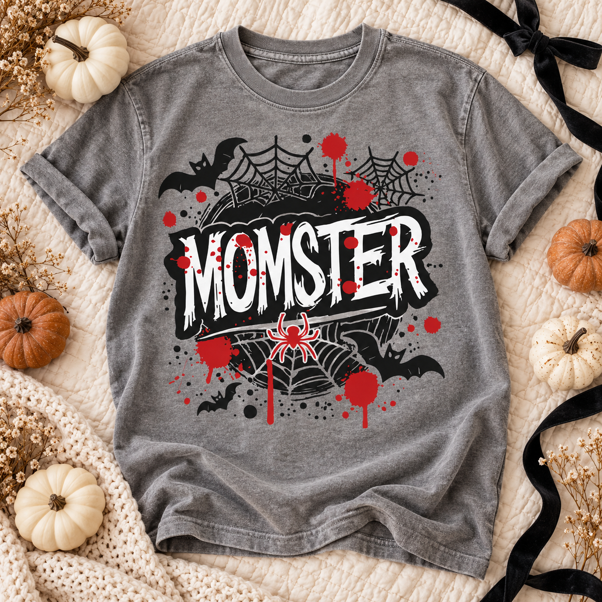 Gray Momster T-shirt with bold white lettering, spiderwebs and red paint splashes