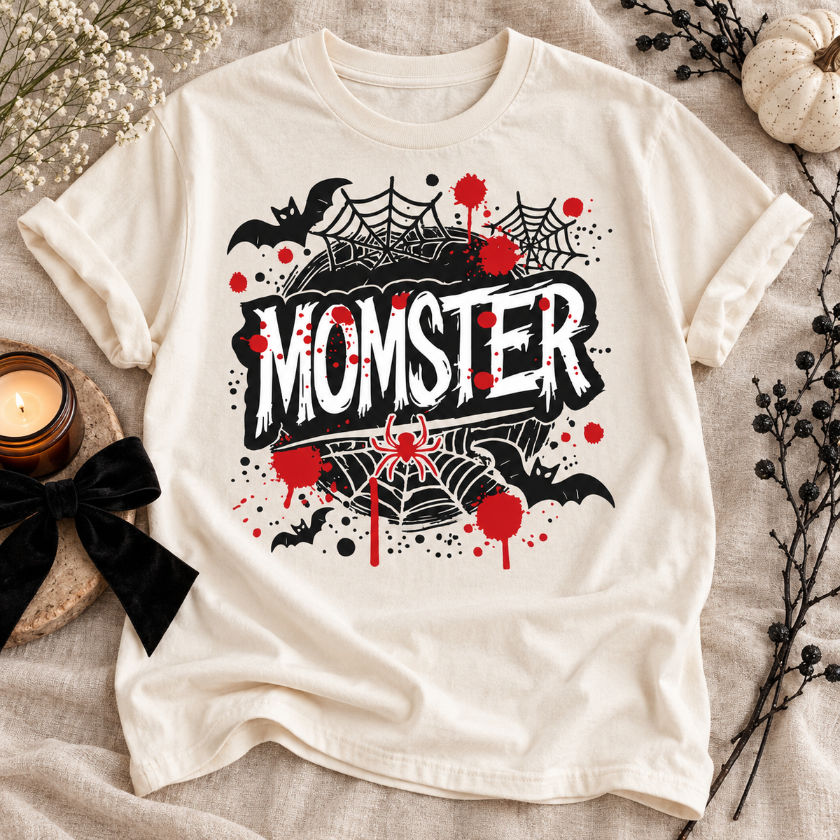 Ivory Momster T-shirt with bold white lettering, spiderwebs and red paint splashes