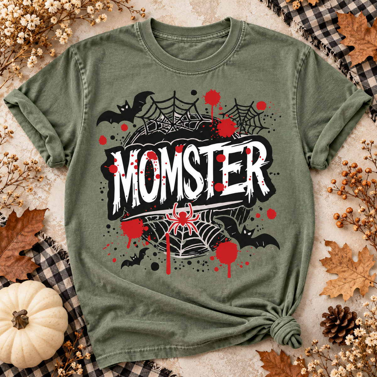 Moss Momster T-shirt with bold white lettering, spiderwebs and red paint splashes