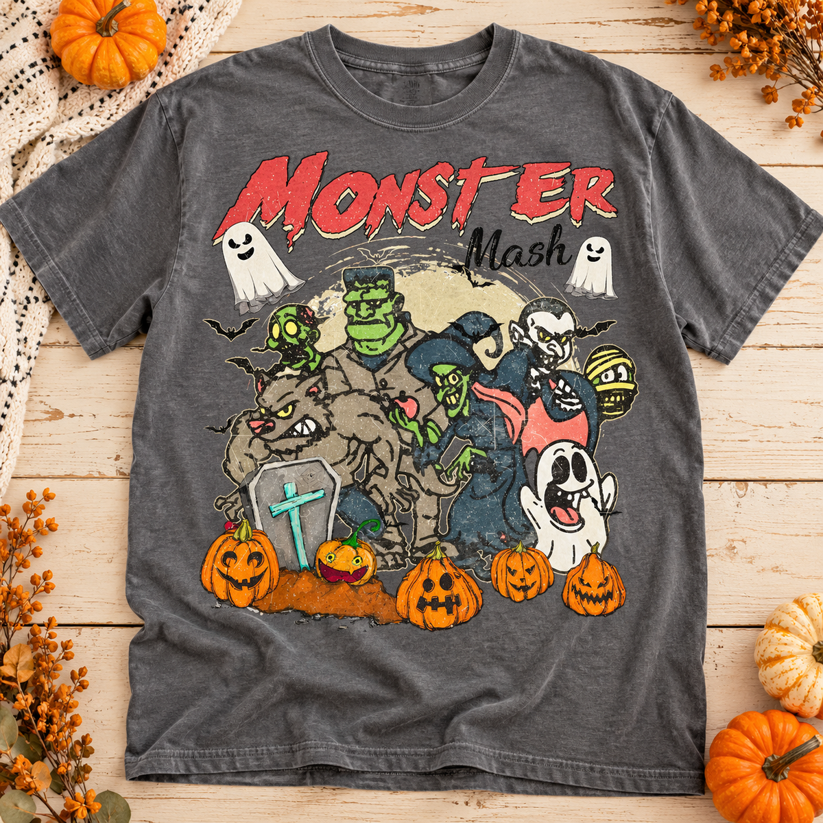 Gray Monster Mash Classic Monsters and Pumpkins graphic T-shirt