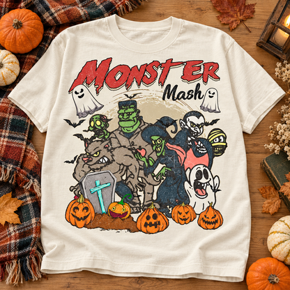 Ivory Monster Mash Classic Monsters and Pumpkins graphic T-shirt