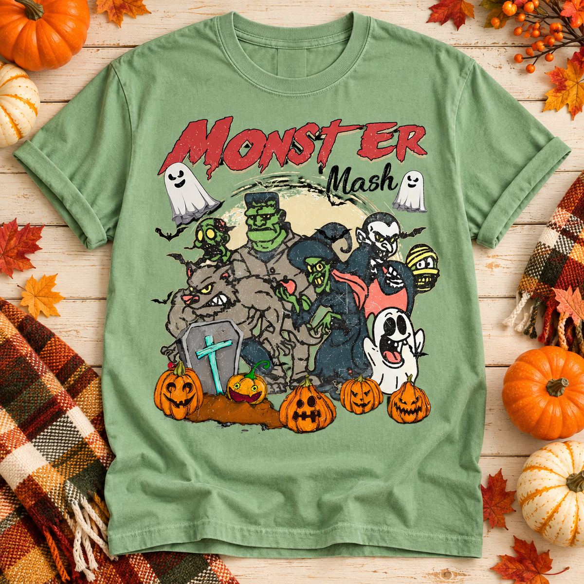 Light Green Monster Mash Classic Monsters and Pumpkins graphic T-shirt