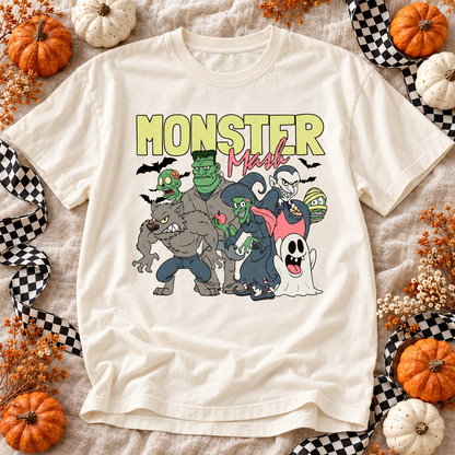 Ivory Monster Mash T-shirt with a lineup of colorful Halloween monsters
