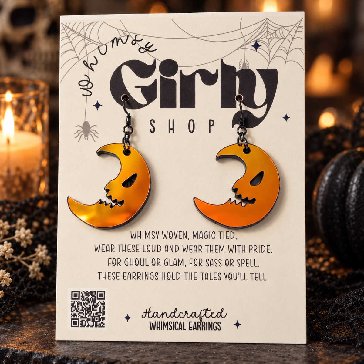Midnight Prism Skull Moon Earrings | Iridescent Halloween Earrings