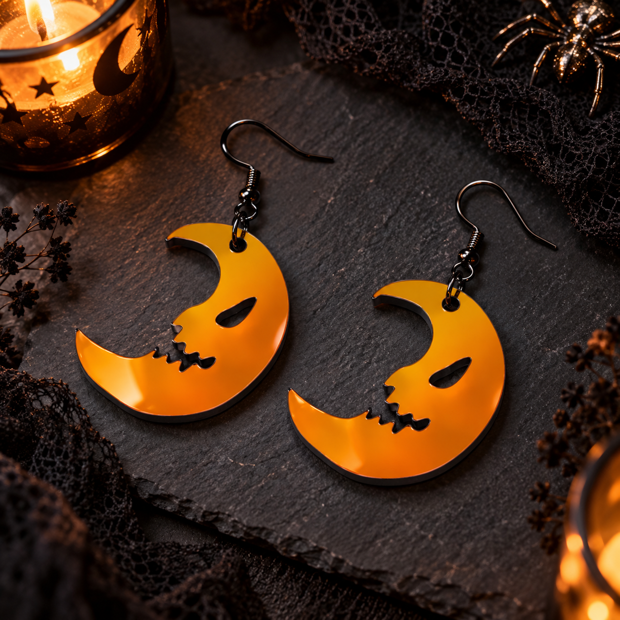 Midnight Prism Skull Moon Earrings | Iridescent Halloween Earrings