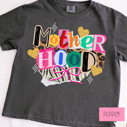 Pepper Black t-shirt with colorful 'Mother Hood' design on a white background
