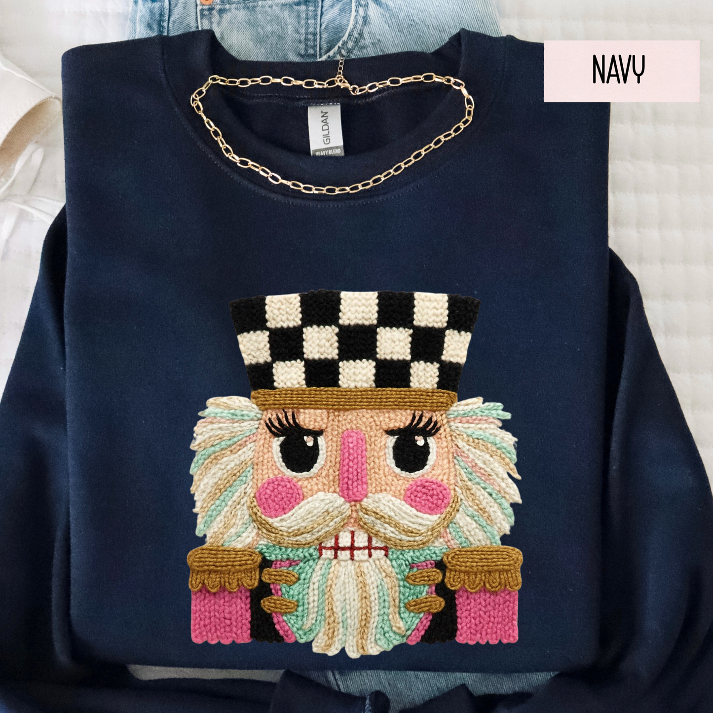 Faux Yarn Nutcracker Christmas Sweatshirt | Cozy Holiday Crewneck | Cute Seasonal Sweater