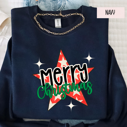 Merry Christmas Star Sweatshirt | Retro Christmas Graphic Crewneck | Cute Holiday Sweatshirt for Women