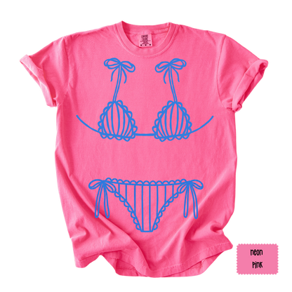 Blue Bikini Line Art Tee | Beach Graphic Shirt for Women | Coastal Summer T-Shirt
