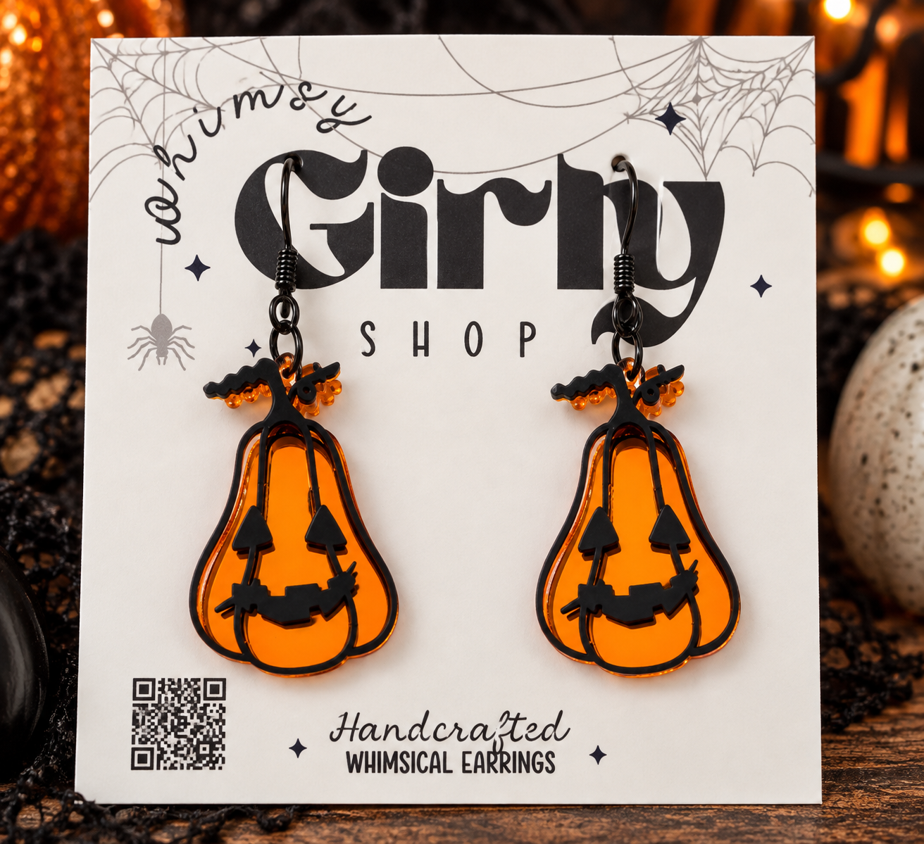 Orange Mirror Pumpkin Earrings | Black Acrylic Halloween Earrings