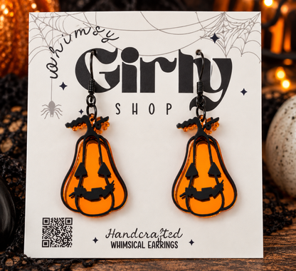 Orange Mirror Pumpkin Earrings | Black Acrylic Halloween Earrings