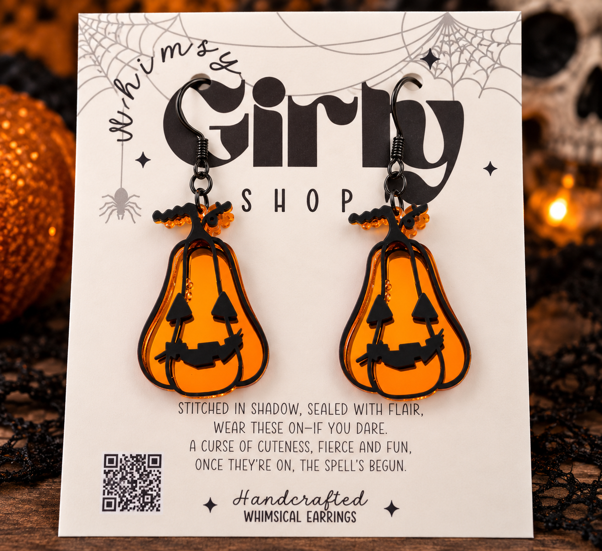 Orange Mirror Pumpkin Earrings | Black Acrylic Halloween Earrings