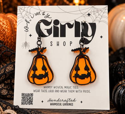 Orange Mirror Pumpkin Earrings | Black Acrylic Halloween Earrings