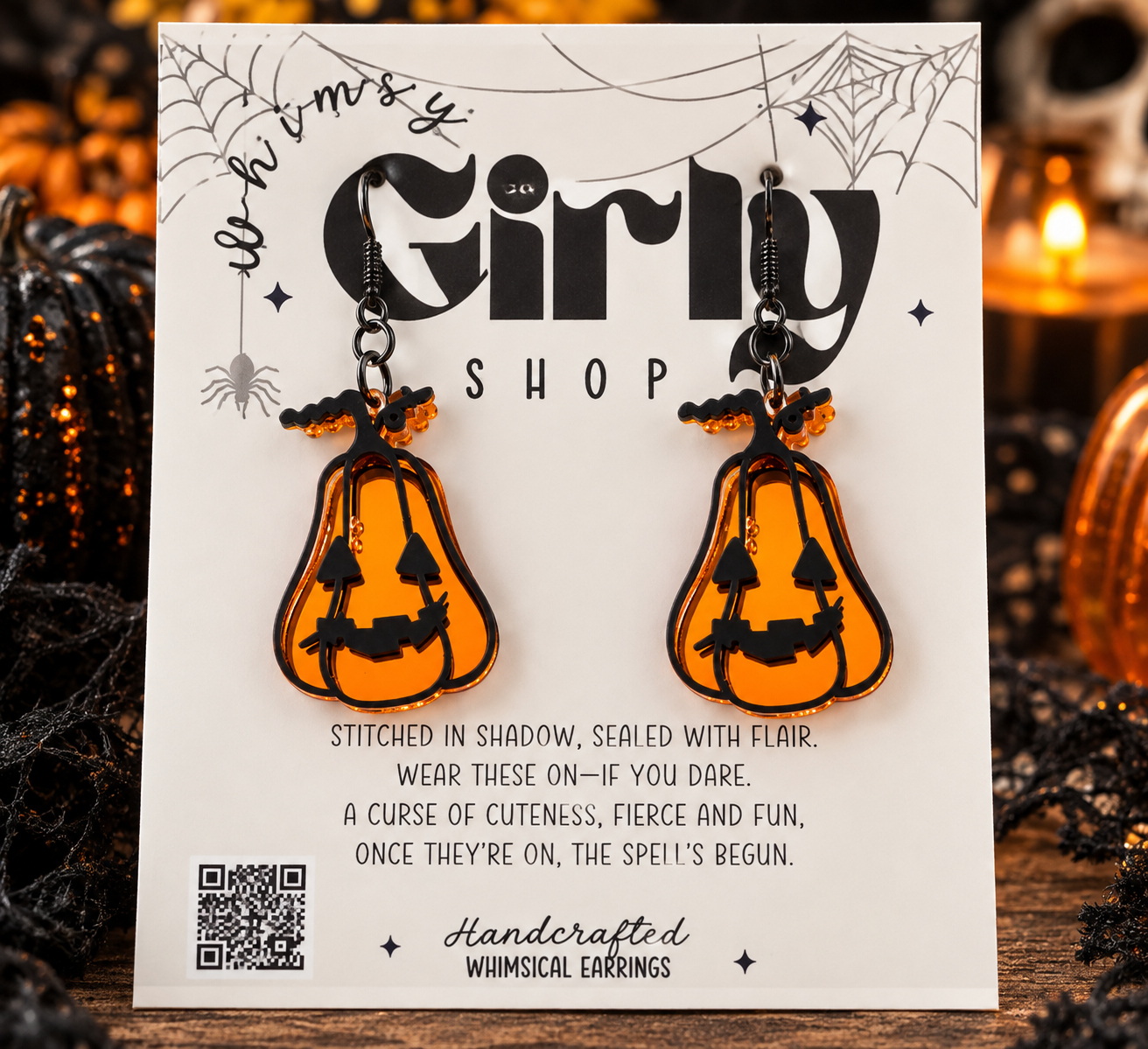 Orange Mirror Pumpkin Earrings | Black Acrylic Halloween Earrings