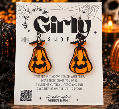 Orange Mirror Pumpkin Earrings | Black Acrylic Halloween Earrings