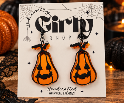 Orange Mirror Pumpkin Earrings | Black Acrylic Halloween Earrings