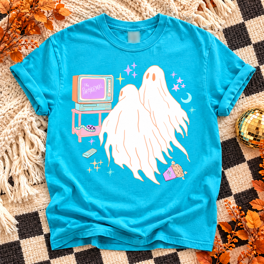 Lagoon T-shirt with three white ghosts beside a pastel retro TV labeled The Paranormal
