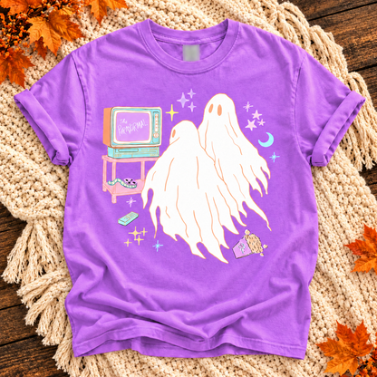 Neon Violet T-shirt with three white ghosts beside a pastel retro TV labeled The Paranormal