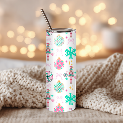 Tumbler with festive pattern on a blurred background